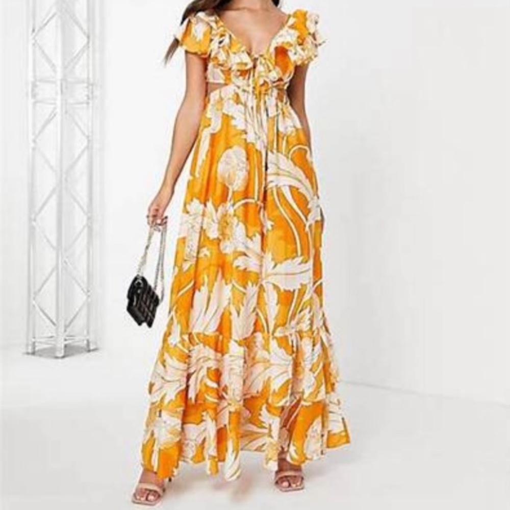 ASOS DESIGN printed ruffle maxi dress with lace up back